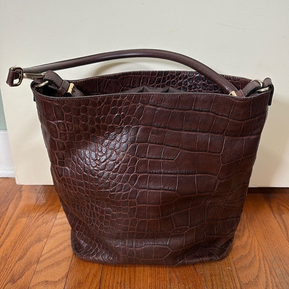 Massimo Dutti Cinch Closure‎ Leather Shoulder Bag Crocodile Texture Brown - Picture 2 of 16